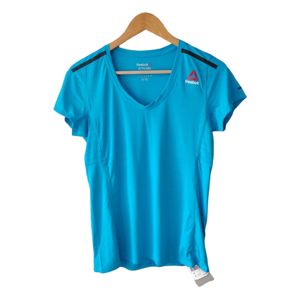 NWT Reebok Activchill Short Sleeve V-neck T-shirt Turquoise Blue Size Medium